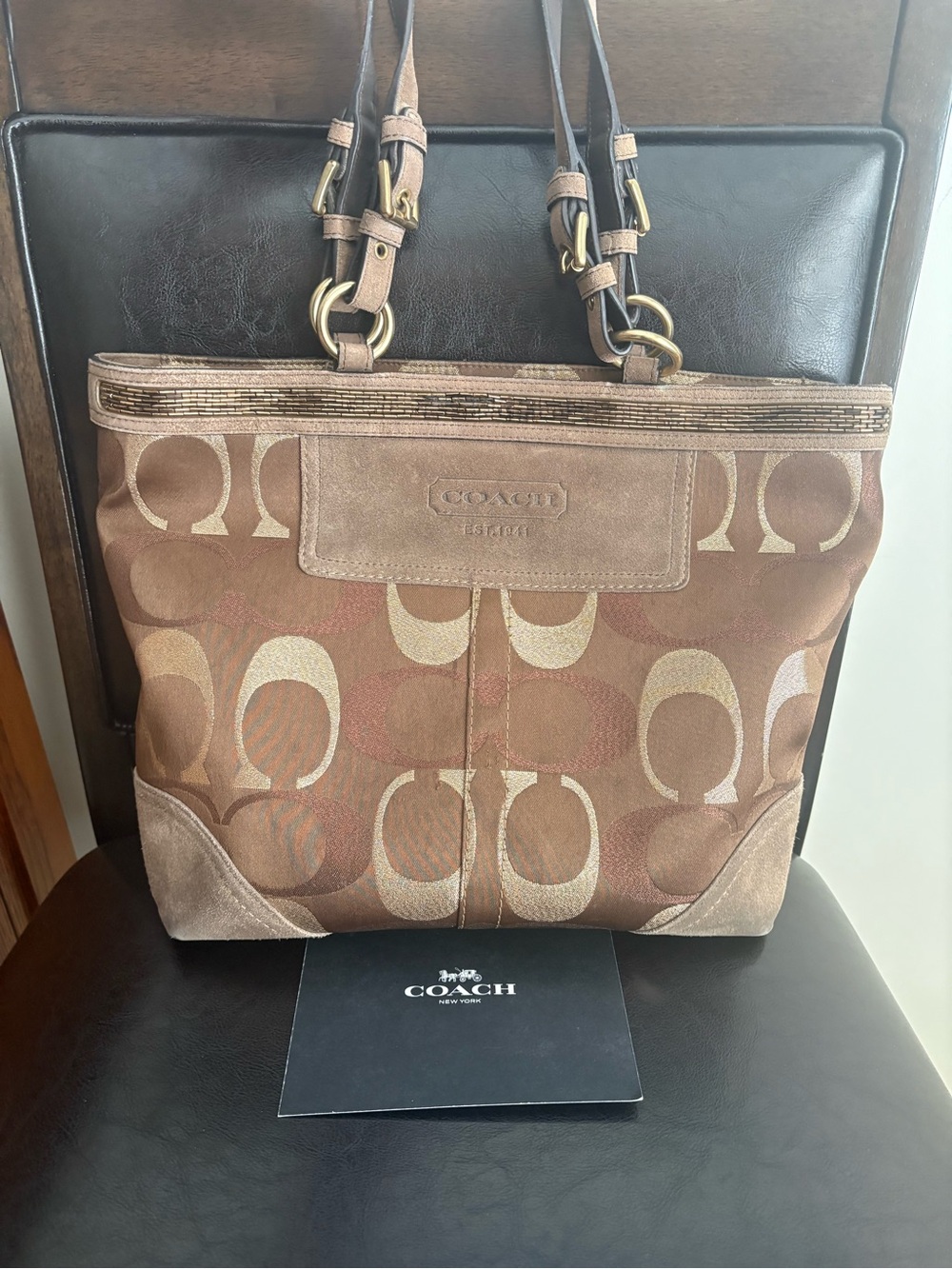 Coach Brown Signature Monogram Jacquard Tote with Suede Trim and Wristlet